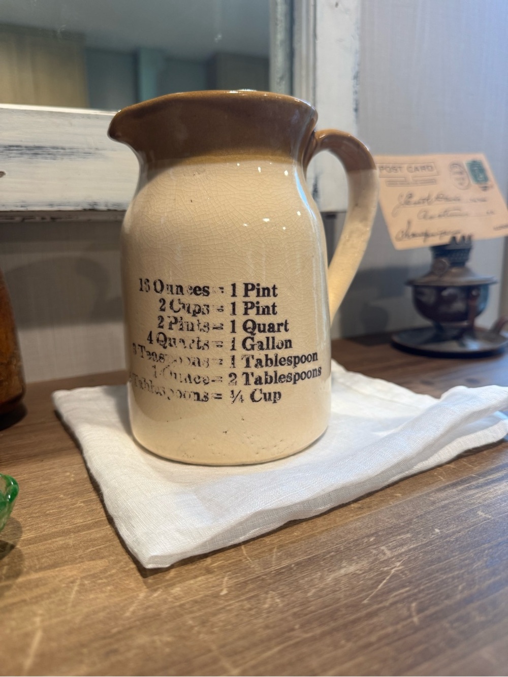 Vintage Cream and Brown Ceramic Measuring Pitcher -